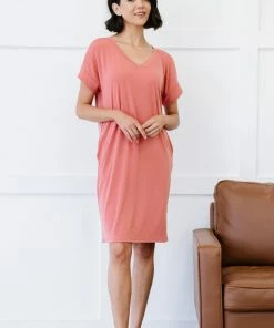 Trendsi Apparel Natural Beauty T-Shirt Dress With Pockets In Ash Mocha & Ash Rose