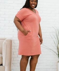 Trendsi Apparel Natural Beauty T-Shirt Dress With Pockets In Ash Mocha & Ash Rose