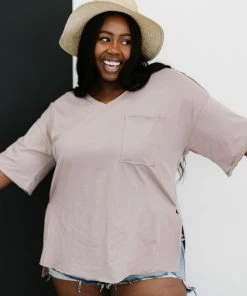 Trendsi High-Low V-Neck Tee In Ash Mocha Apparel