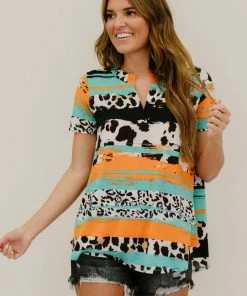 Trendsi GHG- Shop Singles Abstract Art Printed Notched Tee Shirt (GHG-S)