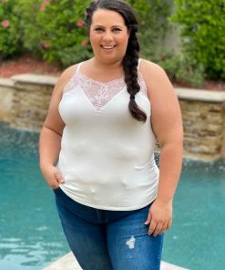 Boutique Simplified Delicate Floral Lace Trim Tank