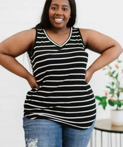 Trendsi Call Me Maybe Striped Tank In Ash Mocha, Black & Spring Blue Apparel