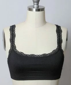 Leto Accessories Ribbed Crop Tank Lace Strap Bralette In Black Apparel