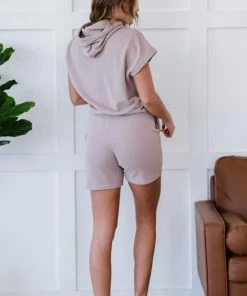 Trendsi On The Move Short Sleeved Hoodie And Sweatshort Set In Taupe