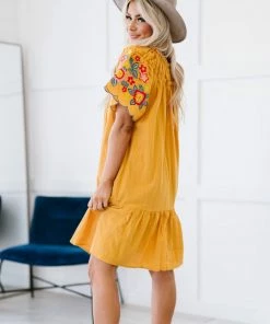 Trendsi Apparel Flowers For You Embroidered Dress In Mustard