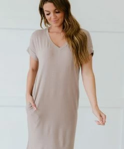 Trendsi Apparel Natural Beauty T-Shirt Dress With Pockets In Ash Mocha & Ash Rose