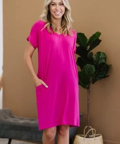 Trendsi Natural Beauty T-Shirt Dress With Pockets In Magenta Apparel