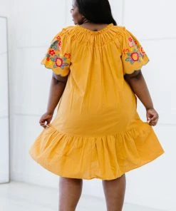 Trendsi Apparel Flowers For You Embroidered Dress In Mustard