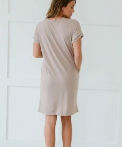 Trendsi Apparel Natural Beauty T-Shirt Dress With Pockets In Ash Mocha & Ash Rose