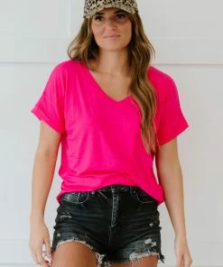 Trendsi Tee Shirt Weather Pocketed Tee In Fuchsia & Navy Apparel