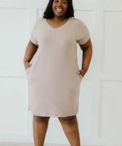 Trendsi Apparel Natural Beauty T-Shirt Dress With Pockets In Ash Mocha & Ash Rose