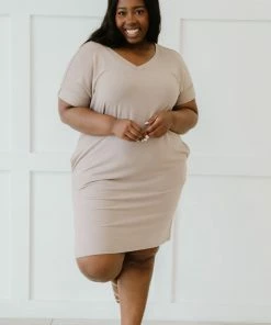 Trendsi Apparel Natural Beauty T-Shirt Dress With Pockets In Ash Mocha & Ash Rose