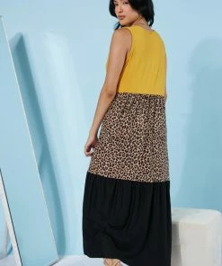 Trendsi Girl Next Door Leopard Color Block Dress In Mustard Apparel