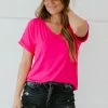 Trendsi Tee Shirt Weather Pocketed Tee In Fuchsia & Navy Apparel