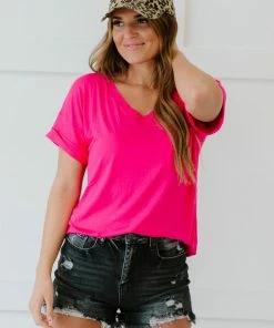 Trendsi Tee Shirt Weather Pocketed Tee In Fuchsia & Navy Apparel