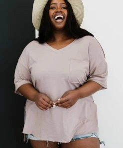 Trendsi High-Low V-Neck Tee In Ash Mocha Apparel