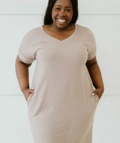 Trendsi Apparel Natural Beauty T-Shirt Dress With Pockets In Ash Mocha & Ash Rose