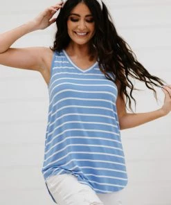 Trendsi Call Me Maybe Striped Tank In Ash Mocha, Black & Spring Blue Apparel