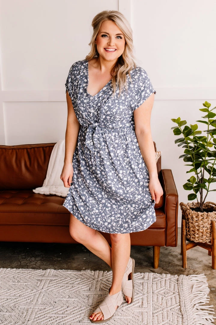 No Ship Drop Ship No Hesitation Tie Front Floral Dress In Vintage Blue (GHG-S) 4 No Ship Drop Ship No Hesitation Tie Front Floral Dress In Vintage Blue (GHG-S)