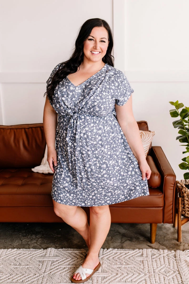 No Ship Drop Ship No Hesitation Tie Front Floral Dress In Vintage Blue (GHG-S) 1 No Ship Drop Ship No Hesitation Tie Front Floral Dress In Vintage Blue (GHG-S)