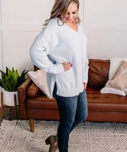 No Ship Drop Ship Over The Top V-Neck Sweater In Icy Blue Apparel