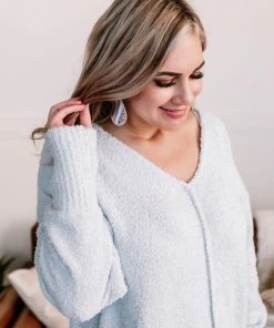 No Ship Drop Ship Over The Top V-Neck Sweater In Icy Blue Apparel