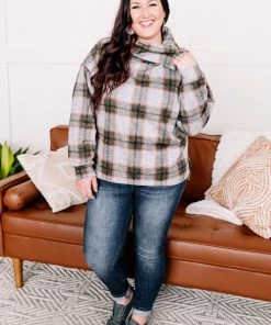 No Ship Drop Ship Checking It Twice Olive & Pink Cowl Neck Top