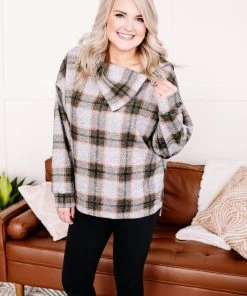 No Ship Drop Ship Checking It Twice Olive & Pink Cowl Neck Top