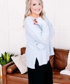 No Ship Drop Ship Over The Top V-Neck Sweater In Icy Blue Apparel