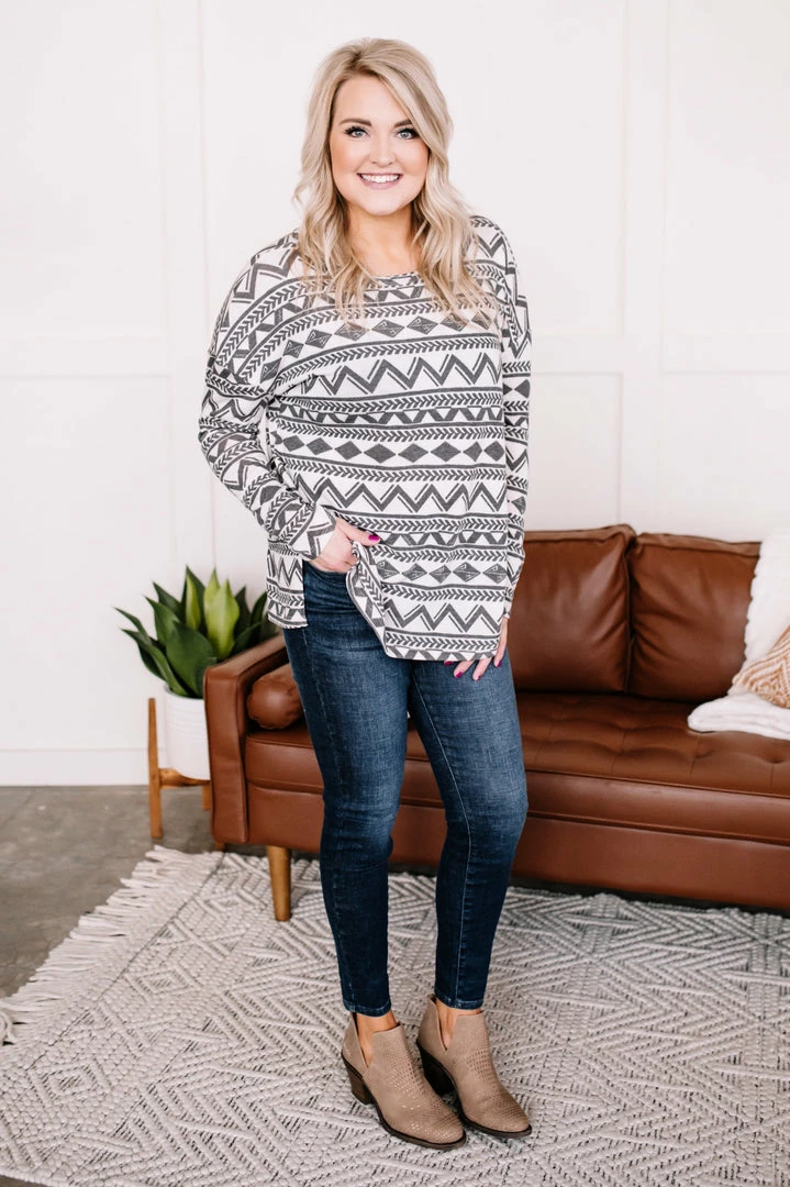 No Ship Drop Ship Apparel Out Of Print Aztec Top In Off White & Charcoal 9 No Ship Drop Ship Apparel Out Of Print Aztec Top In Off White & Charcoal