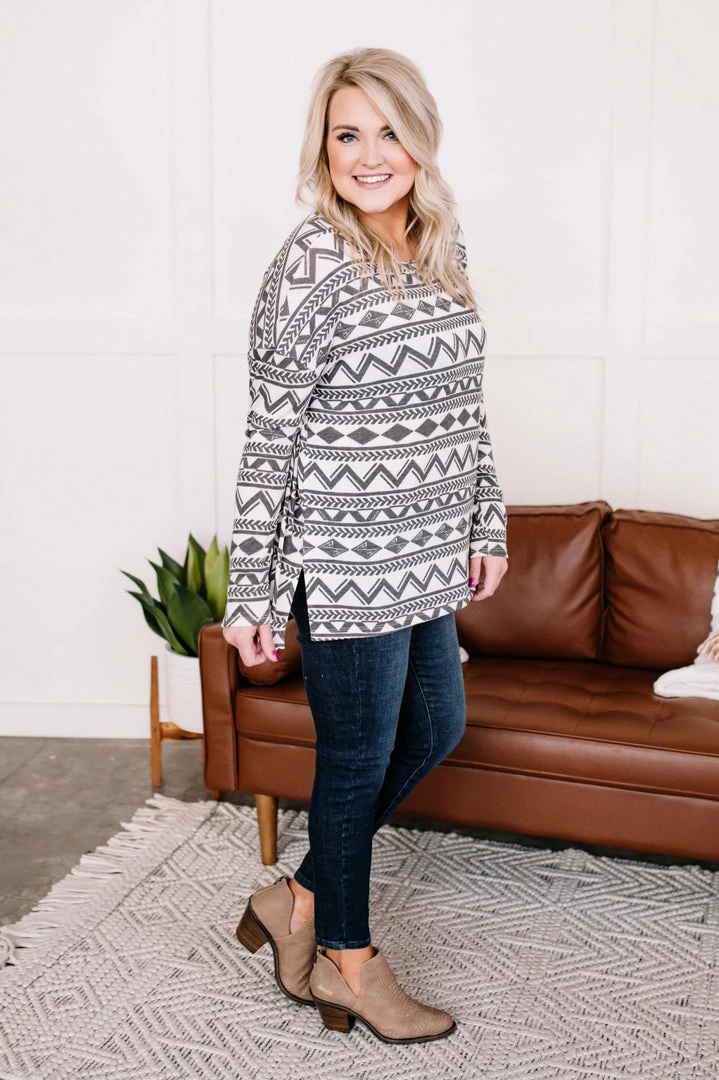 No Ship Drop Ship Apparel Out Of Print Aztec Top In Off White & Charcoal 1 No Ship Drop Ship Apparel Out Of Print Aztec Top In Off White & Charcoal