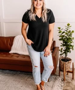 No Ship Drop Ship Waiting On You Ribbed V Neck Top In Black 10 No Ship Drop Ship Waiting On You Ribbed V Neck Top In Black