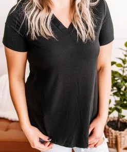 No Ship Drop Ship Waiting On You Ribbed V Neck Top In Black