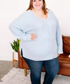 No Ship Drop Ship Over The Top V-Neck Sweater In Icy Blue Apparel