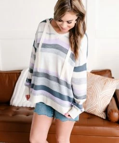 No Ship Drop Ship Apparel Through The Hourglass Hooded Knit Sweater In Lavender