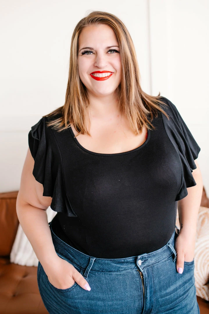 No Ship Drop Ship Apparel Flirting With You Flutter Sleeve Bodysuit In Classic Black 4 No Ship Drop Ship Apparel Flirting With You Flutter Sleeve Bodysuit In Classic Black