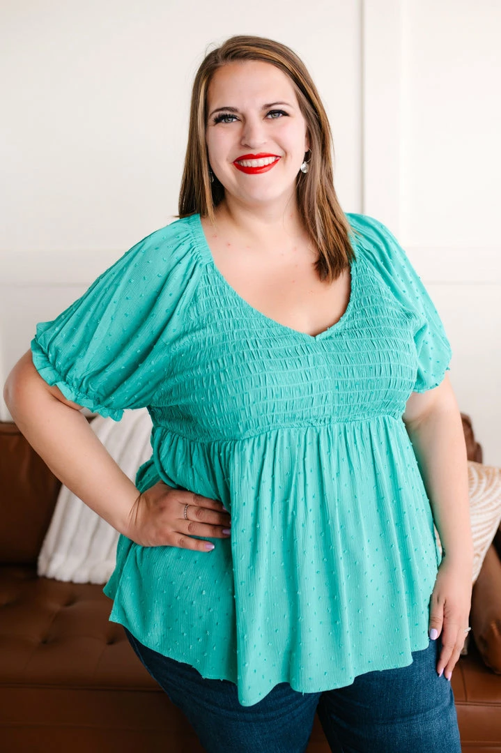 No Ship Drop Ship Jaded Point Of View Swiss Dot Blouse In Jade 3 No Ship Drop Ship Jaded Point Of View Swiss Dot Blouse In Jade