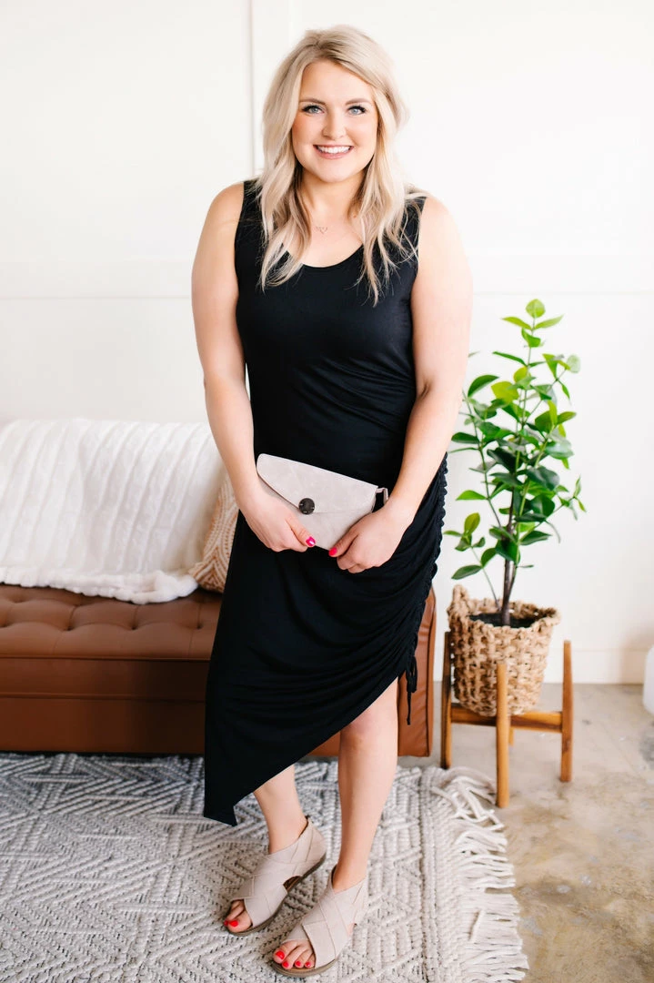 No Ship Drop Ship Ruched On Me, Asymmetrical Dress In Midnight Black Apparel 4 No Ship Drop Ship Ruched On Me, Asymmetrical Dress In Midnight Black Apparel