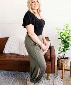 No Ship Drop Ship Split The Difference Side Tie Pants In Olive Apparel