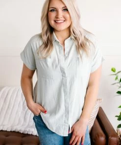 No Ship Drop Ship Apparel Light As Air Button Down Top In Washed Sage