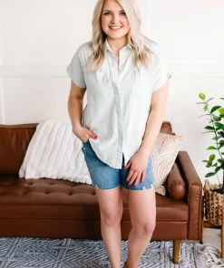 No Ship Drop Ship Apparel Light As Air Button Down Top In Washed Sage