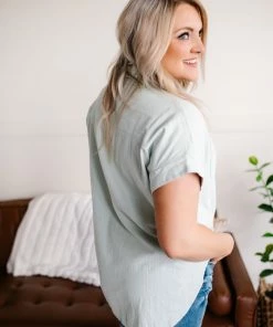 No Ship Drop Ship Apparel Light As Air Button Down Top In Washed Sage