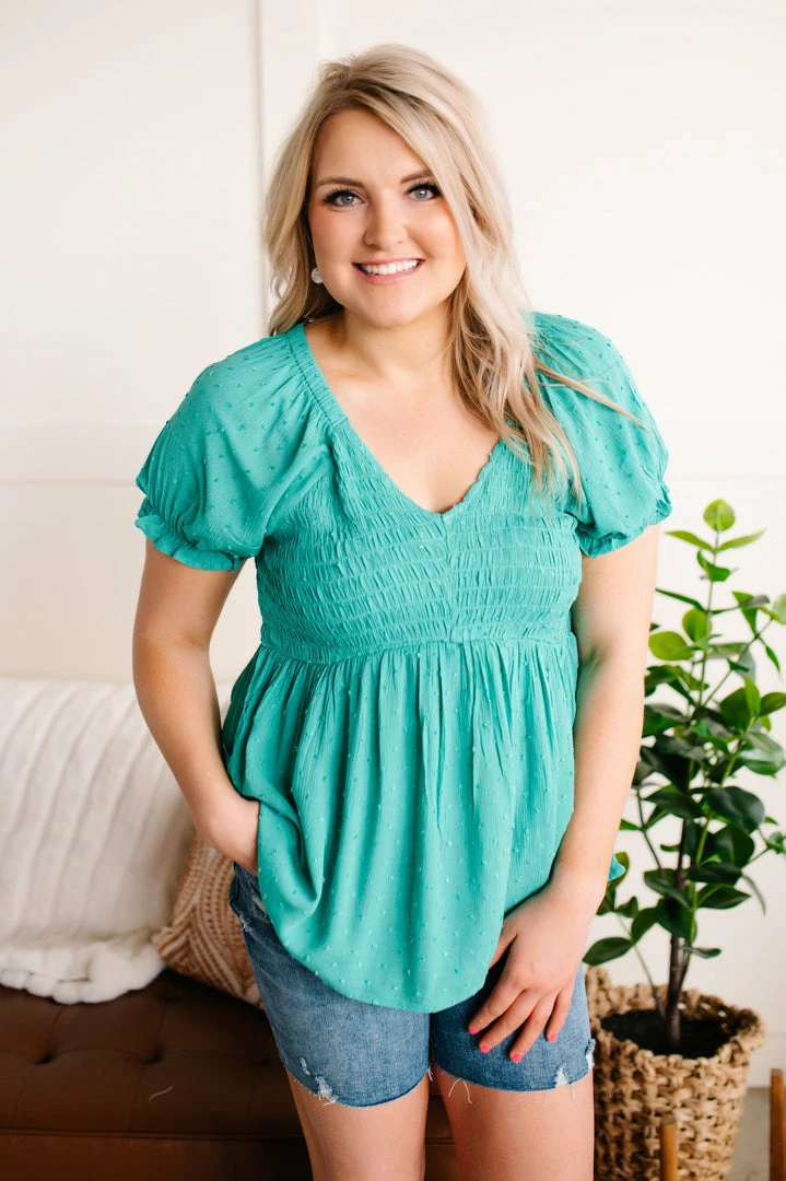 No Ship Drop Ship Jaded Point Of View Swiss Dot Blouse In Jade 1 No Ship Drop Ship Jaded Point Of View Swiss Dot Blouse In Jade