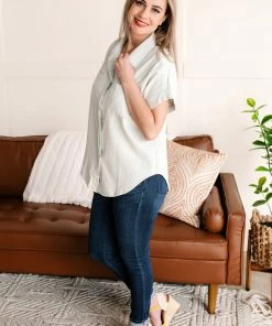 No Ship Drop Ship Apparel Light As Air Button Down Top In Washed Sage