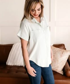 No Ship Drop Ship Apparel Light As Air Button Down Top In Washed Sage