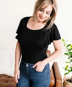 No Ship Drop Ship Apparel Flirting With You Flutter Sleeve Bodysuit In Classic Black