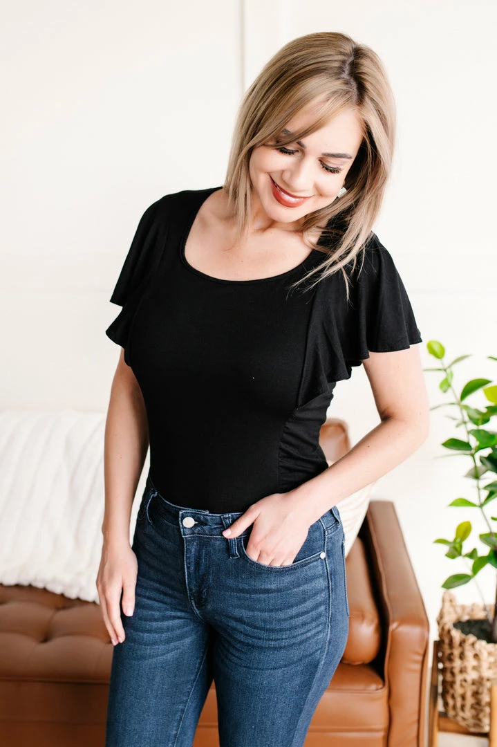 No Ship Drop Ship Apparel Flirting With You Flutter Sleeve Bodysuit In Classic Black 2 No Ship Drop Ship Apparel Flirting With You Flutter Sleeve Bodysuit In Classic Black