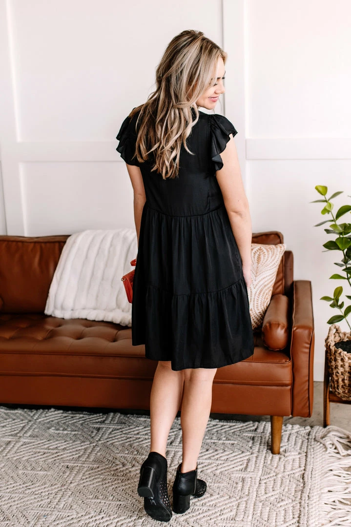 No Ship Drop Ship La La La Satin Tiered Dress In Rich Black 2 No Ship Drop Ship La La La Satin Tiered Dress In Rich Black