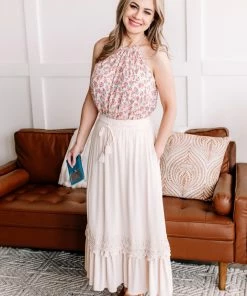 No Ship Drop Ship Easy Come, Easy Go Bohemian Lace Maxi Skirt In Soft Beige Apparel