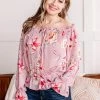 No Ship Drop Ship Dust To Dust Floral Swiss Dot Blouse In Dusty Rose